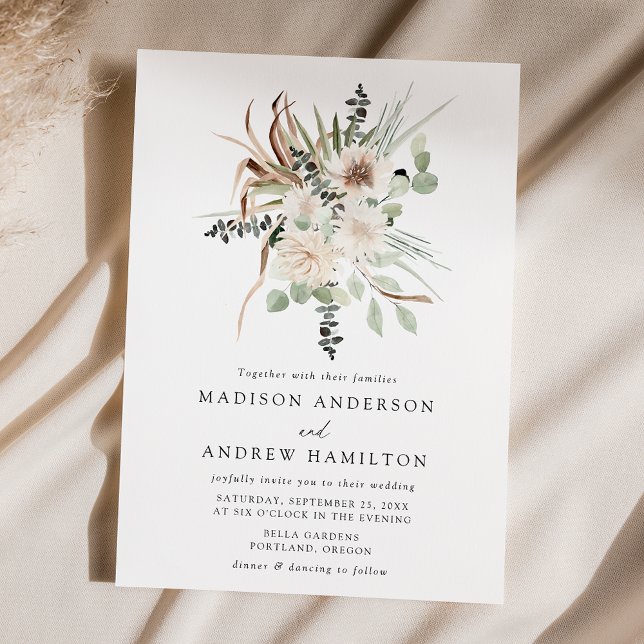 Boho Neutral Tropical Flowers Wedding Invitation (Creator Uploaded)