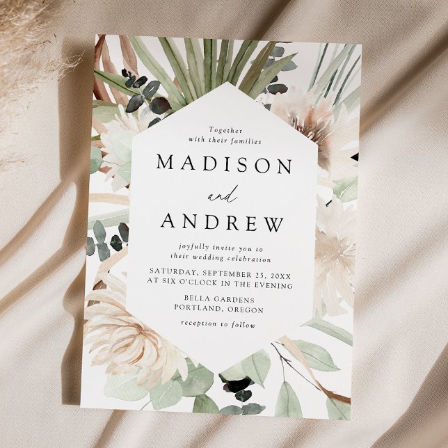 Boho Neutral Tropical Flowers Wedding Invitation (Creator Uploaded)