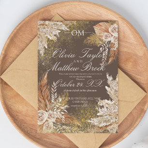 Boho Neutral Watercolor Pampas Grass Wedding Invitation