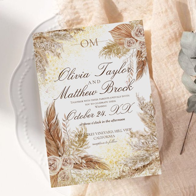 Boho Neutral Watercolor Pampas Grass Wedding Invitation (Creator Uploaded)