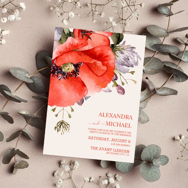 Boho Neutral Watercolor Poppies Wedding Invitation (Creator Uploaded)