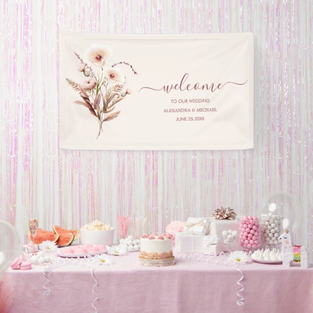 Boho Neutral Watercolor Wildflower Wedding Banner (Party)