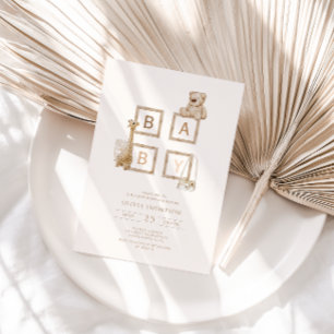 Boho Neutral Wood Block Letters Baby Shower Invitation