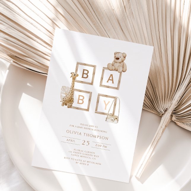 Boho Neutral Wood Block Letters Baby Shower  Invitation (Creator Uploaded)