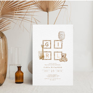 Boho Neutral Wood Block Letters It's A Girl Shower Invitation