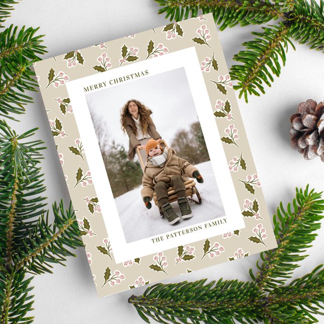 Boho Neutrals Christmas Berries Photo Christmas Holiday Postcard (Creator Uploaded)