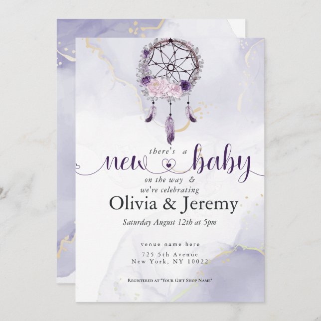 BOHO New Baby Amethyst Dusty Rose Dream Catcher Invitation (Front/Back)