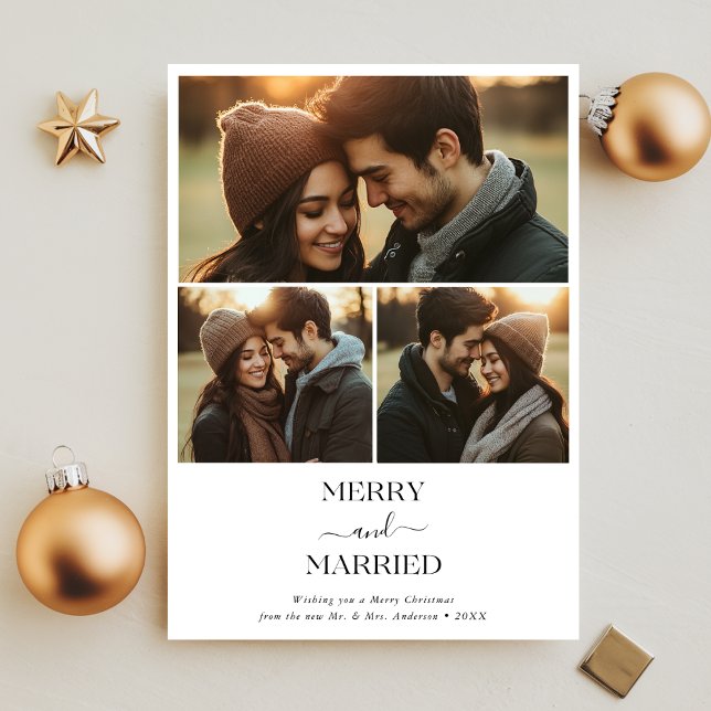 Boho Newlywed Merry & Married Christmas 3 Photo Holiday Card (Creator Uploaded)