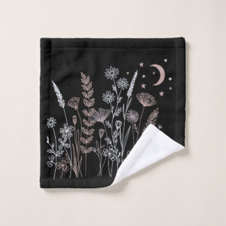 Boho Night Sky Floral Illustration – Moon, Stars & Bath Towel Set