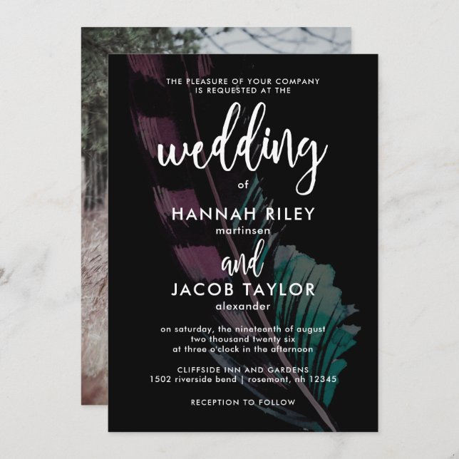 Boho Nights Black with Feather Photo Wedding Invitation (Front/Back)