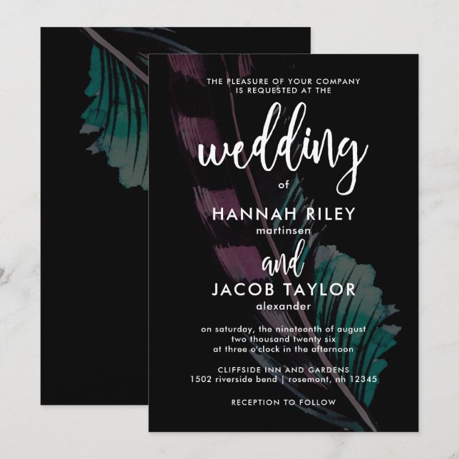 Boho Nights Black with Feathers Wedding Invitation (Front/Back)