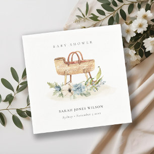 Boho Nursery Blue Floral Bassinet Baby Shower Napkin