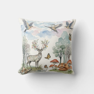 Boho Nursery Decor Deer and Fox Forest Scene Cushion