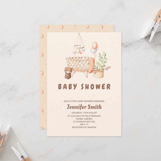 Boho nursery mobile baby shower invitation (Front/Back In Situ)