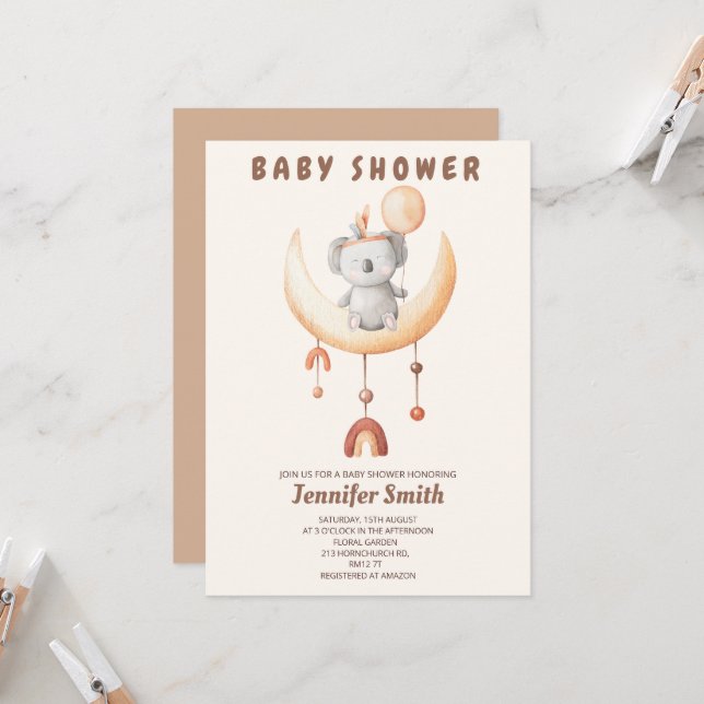 Boho nursery, mobile, little koala baby shower  invitation (Front/Back In Situ)