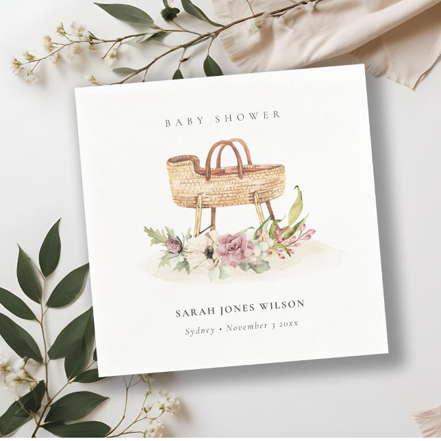 Boho Nursery Pink Floral Bassinet Baby Shower Napkin (Creator Uploaded)