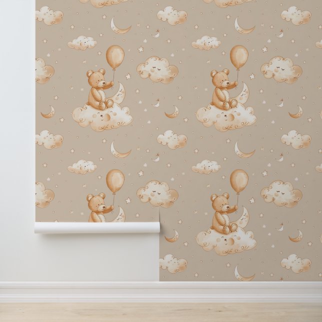 Boho Nursery Teddy Bear with Balloon on a Cloud Wallpaper (Application)