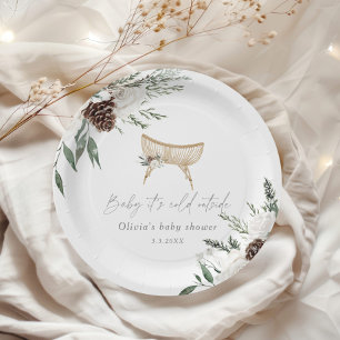 Boho nursery winter evergreen baby shower paper plate