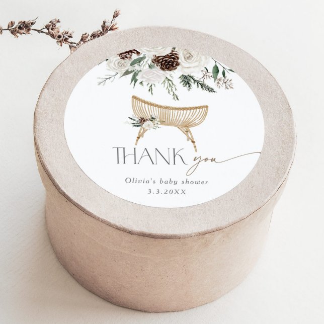 Boho nursery winter thank you baby shower classic round sticker (Creator Uploaded)