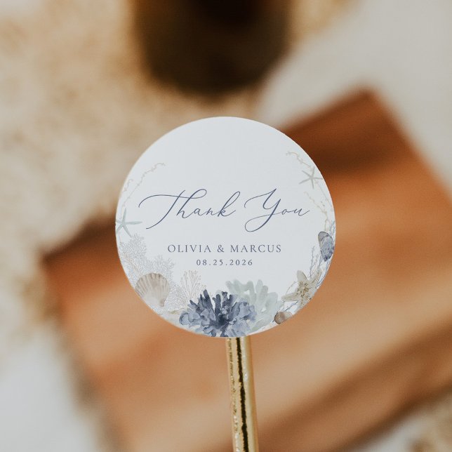 Boho Ocean Beach Blue Wedding Thank You Favour Classic Round Sticker (Creator Uploaded)