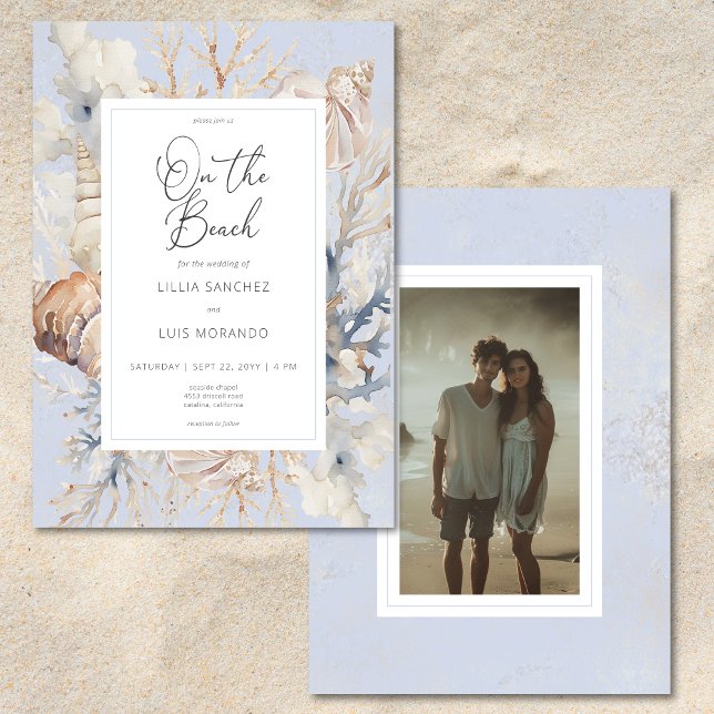 Boho Ocean Dusty Blue On the Beach Photo Wedding Invitation (Creator Uploaded)