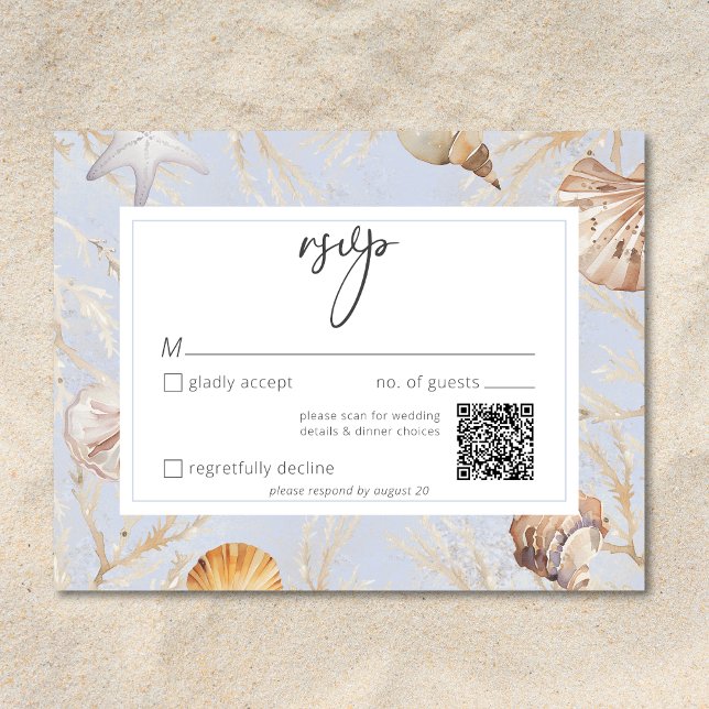 Boho Ocean Dusty Blue On the Beach Wedding QR RSVP Card (Boho Ocean Dusty Blue On the Beach Wedding QR RSVP Card)