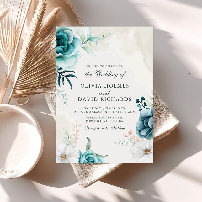 Boho Off-White Teal Wildflowers Wedding Invite (Boho Off-White Teal Wildflowers Wedding Invite on a sunny neutral boho table.)