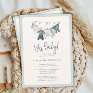 Boho Oh Baby Boy Clothes Clothesline Baby Shower Invitation