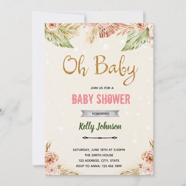 Boho oh baby gender reveal theme invitation (Front)