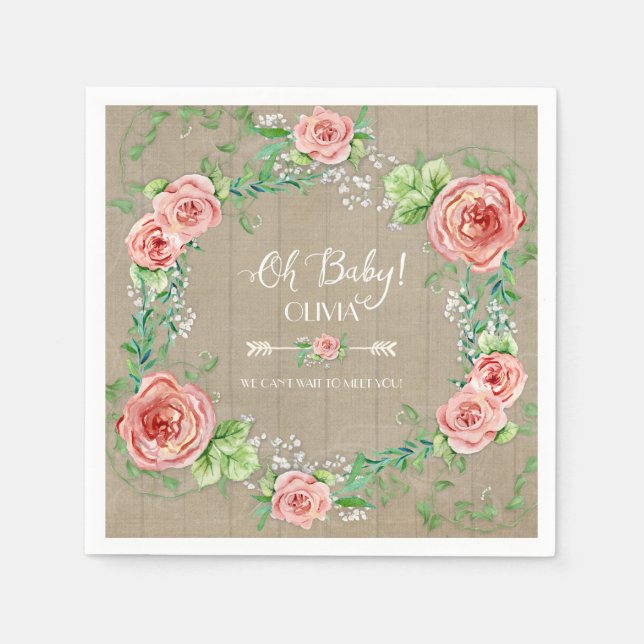 BOHO Oh Baby Girl Shower Arrow Flower Crown Wood Napkin (Front)