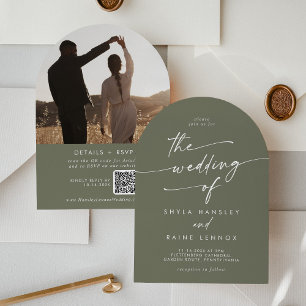 Boho Olive Green Photo QR Code Arch Wedding Invitation
