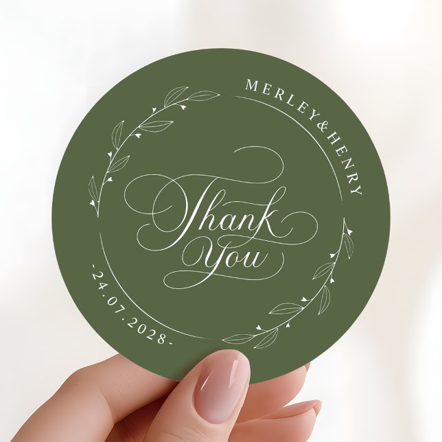 Boho Olive Green Wedding Thank You Favor Classic Round Sticker (Creator Uploaded)