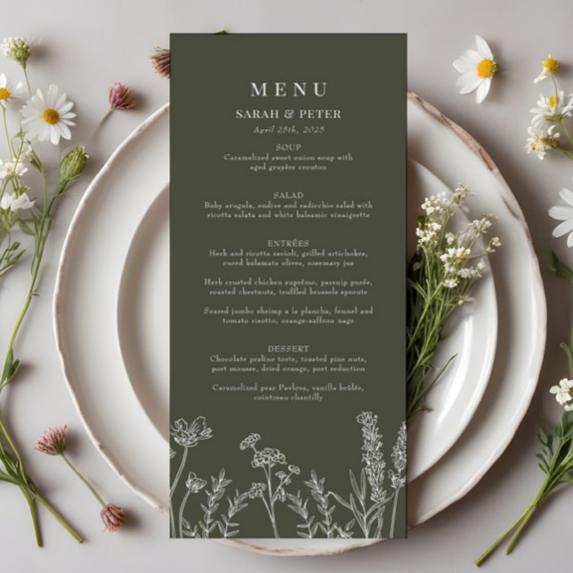 Boho Olive Green Wildflower Wedding Flat Menu (Creator Uploaded)