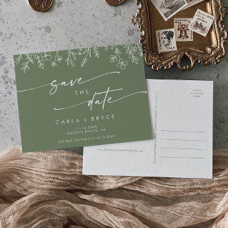 Boho Olive Green Wildflower Wedding Save the Date Invitation Postcard