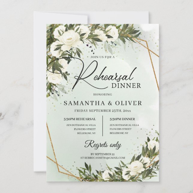 Boho Olive greenery white roses faux gold frame Invitation (Front)