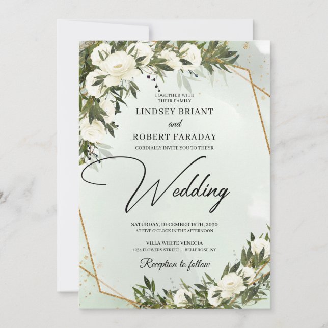 Boho olive greenery white roses gold frame wedding invitation (Front)