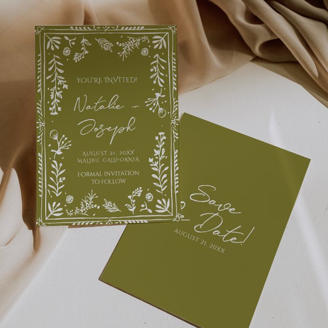 Boho Olive Hand Drawn Floral Garden Save The Date (Creator Uploaded)