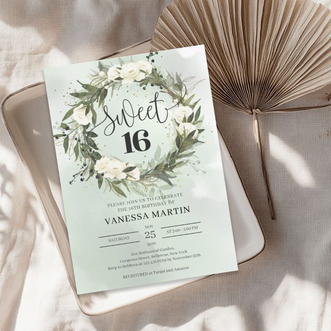 Boho Olive wreath white roses Sweet sixteen Invitation (Boho Olive wreath white roses Sweet sixteen Invitation)