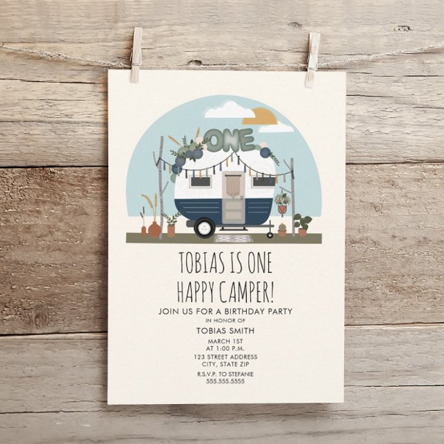 Boho One Happy Camper 1st Birthday Party Blue Invitation (Creator Uploaded)