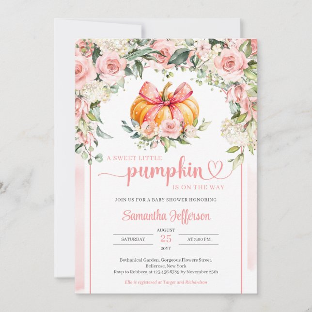 Boho opulent watercolor blush floral pumpkin arch invitation (Front)