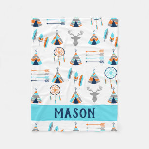 Boho orange and blue southwest fleece blanket