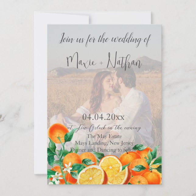 Boho Orange Blossom Photo QR Code Wedding Invitation (Front)