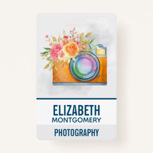 Boho Orange Camera & Floral Bouquet Watercolor ID Badge
