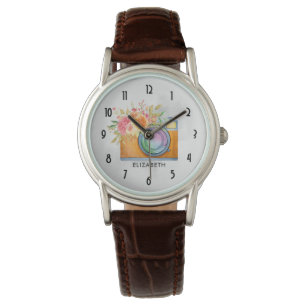 Boho Orange Camera & Floral Bouquet Watercolor Watch