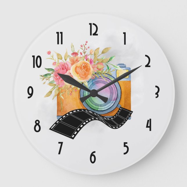 Boho Orange Camera & Flowers Watercolor Large Clock (Front)