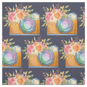 Boho Orange Camera & Flowers Watercolor Pattern Fabric