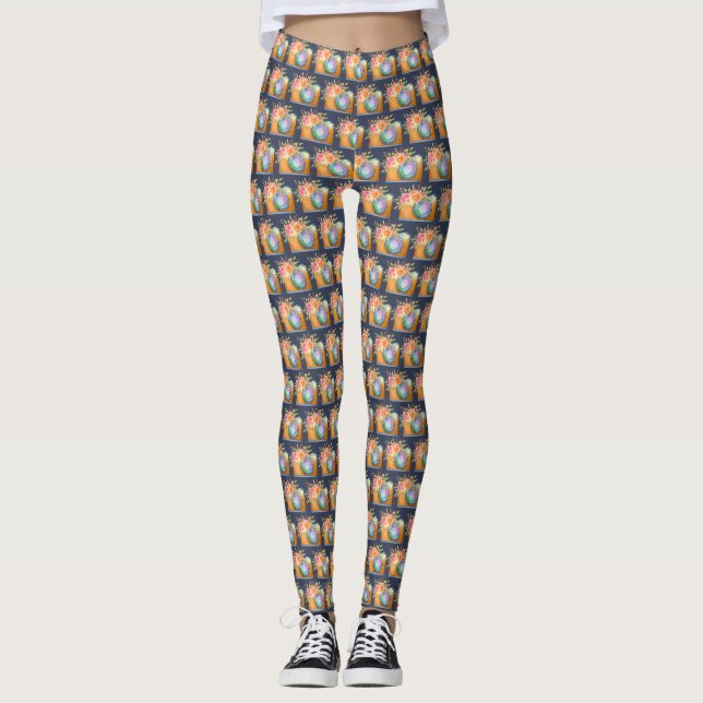 Boho Orange Camera & Flowers Watercolor Pattern Leggings (Front)