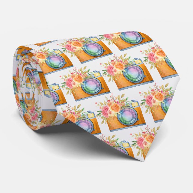 Boho Orange Camera & Flowers Watercolor Pattern Tie (Rolled)