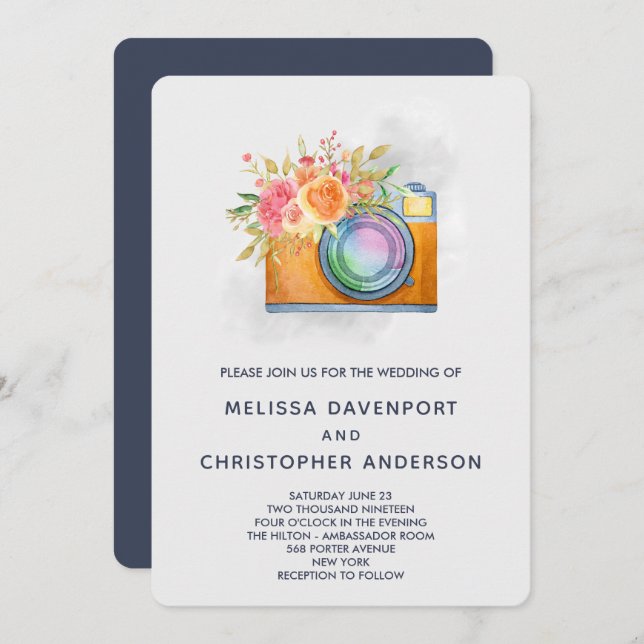 Boho Orange Camera & Flowers Watercolor Wedding Invitation (Front/Back)