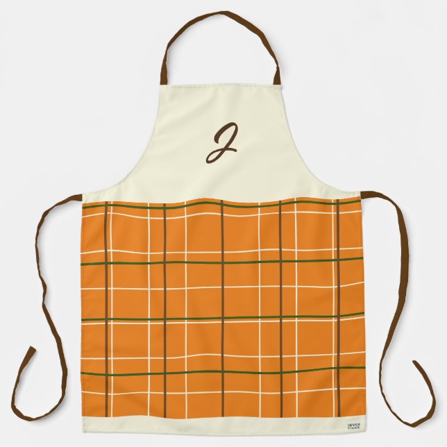 Boho Orange Chocolate Cream Green Grid Monogram Apron (Front)